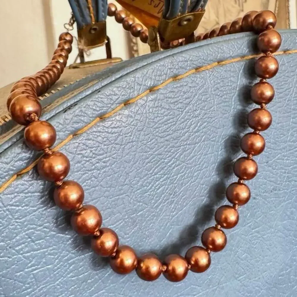 Vintage 21” Metallic Champagne Bronze Acrylic Beaded Choker Necklace 1960s